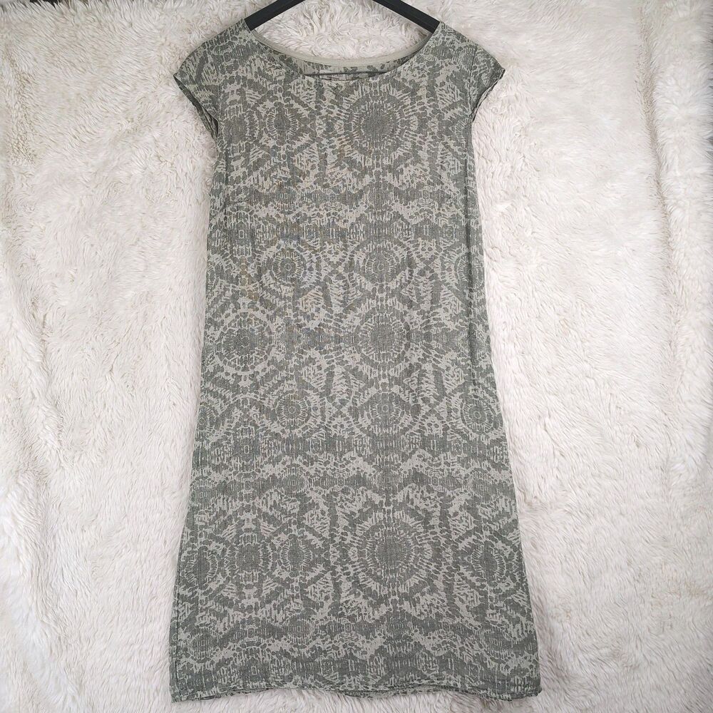 Lina Tomei Tan Dress Size M Linen Tie Dye Sheath Pockets Stretchy Sides Midi